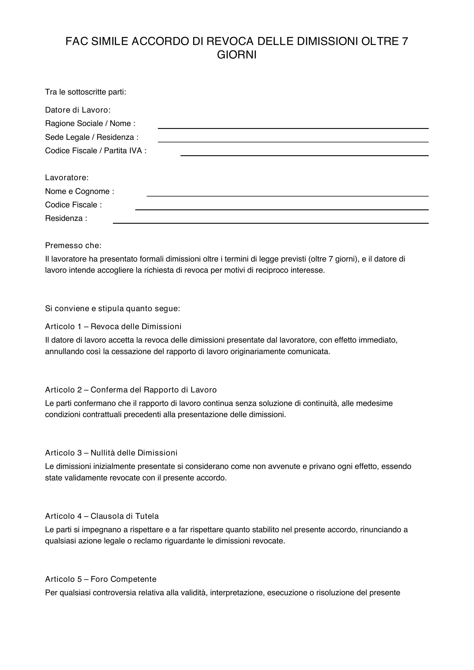 Fac Simile Accordo Revoca Dimissioni Oltre 7 Giorni