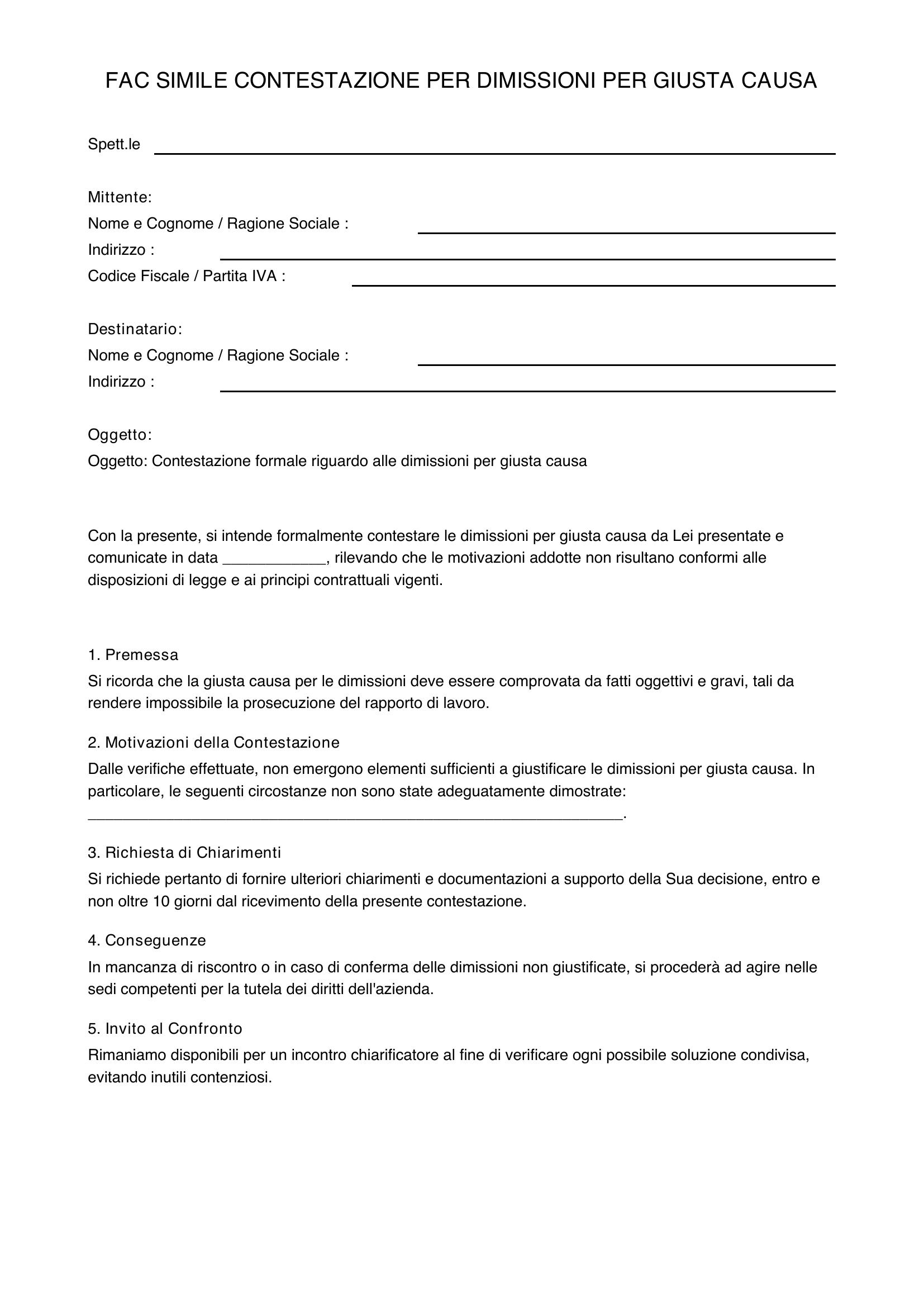 Fac Simile Contestazione Dimissioni Per Giusta Causa