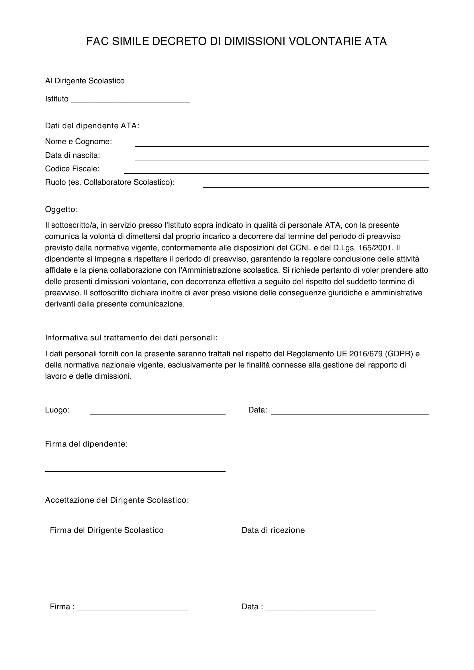 Fac Simile Decreto Dimissioni Volontarie Ata