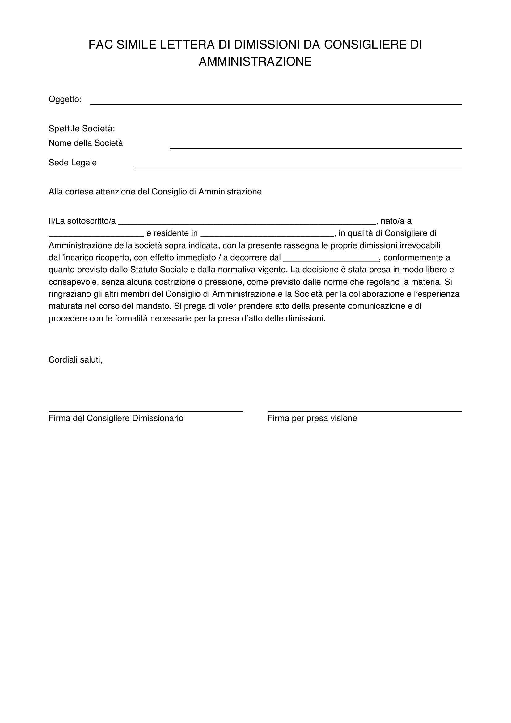 Fac Simile Lettera Dimissioni Consigliere Cda