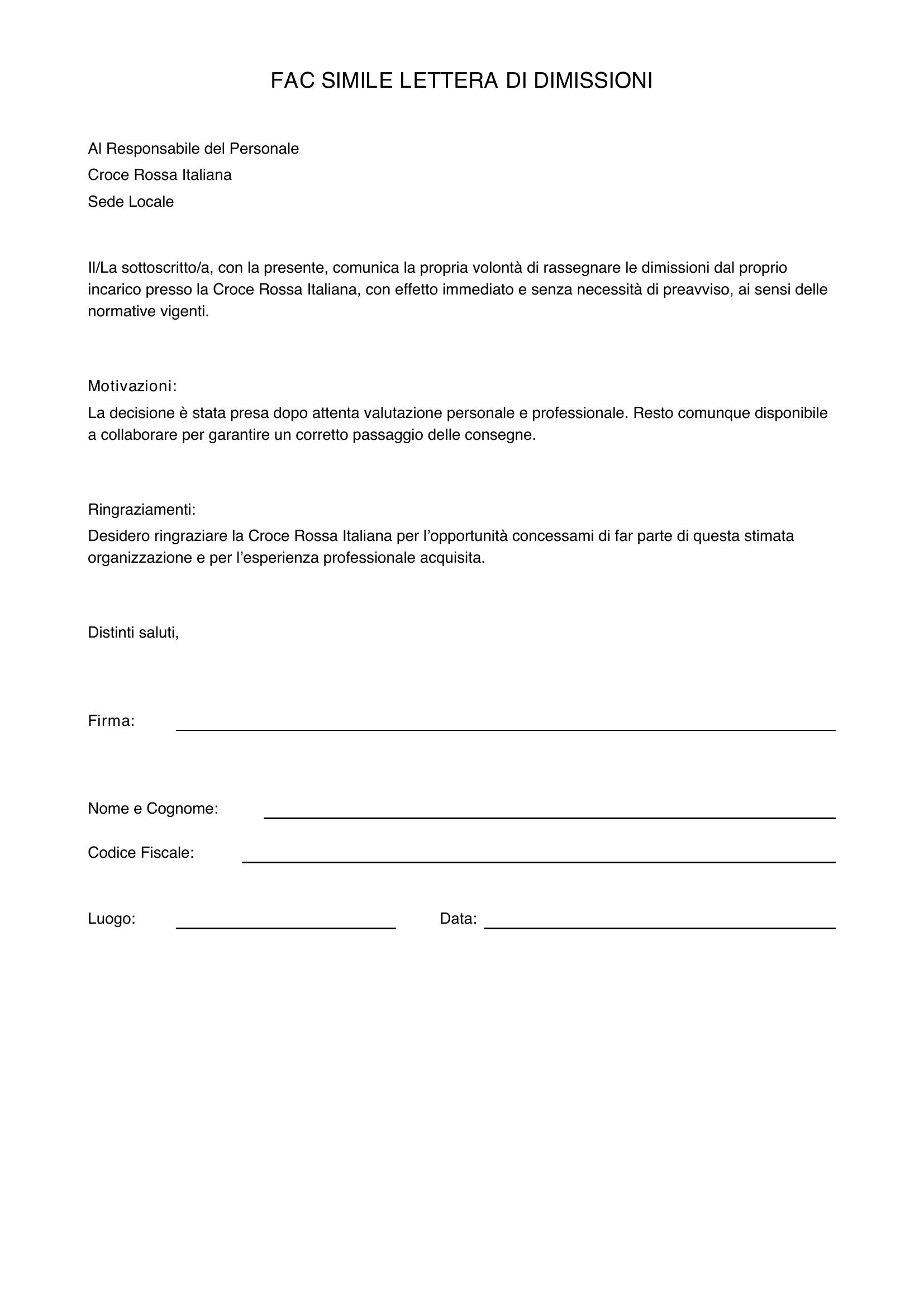 Fac Simile Lettera Dimissioni Croce Rossa