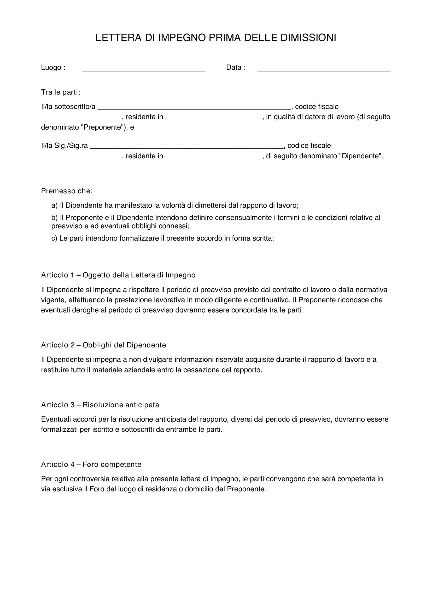 Firmare Lettera Di Impegno Prima Delle Dimissioni