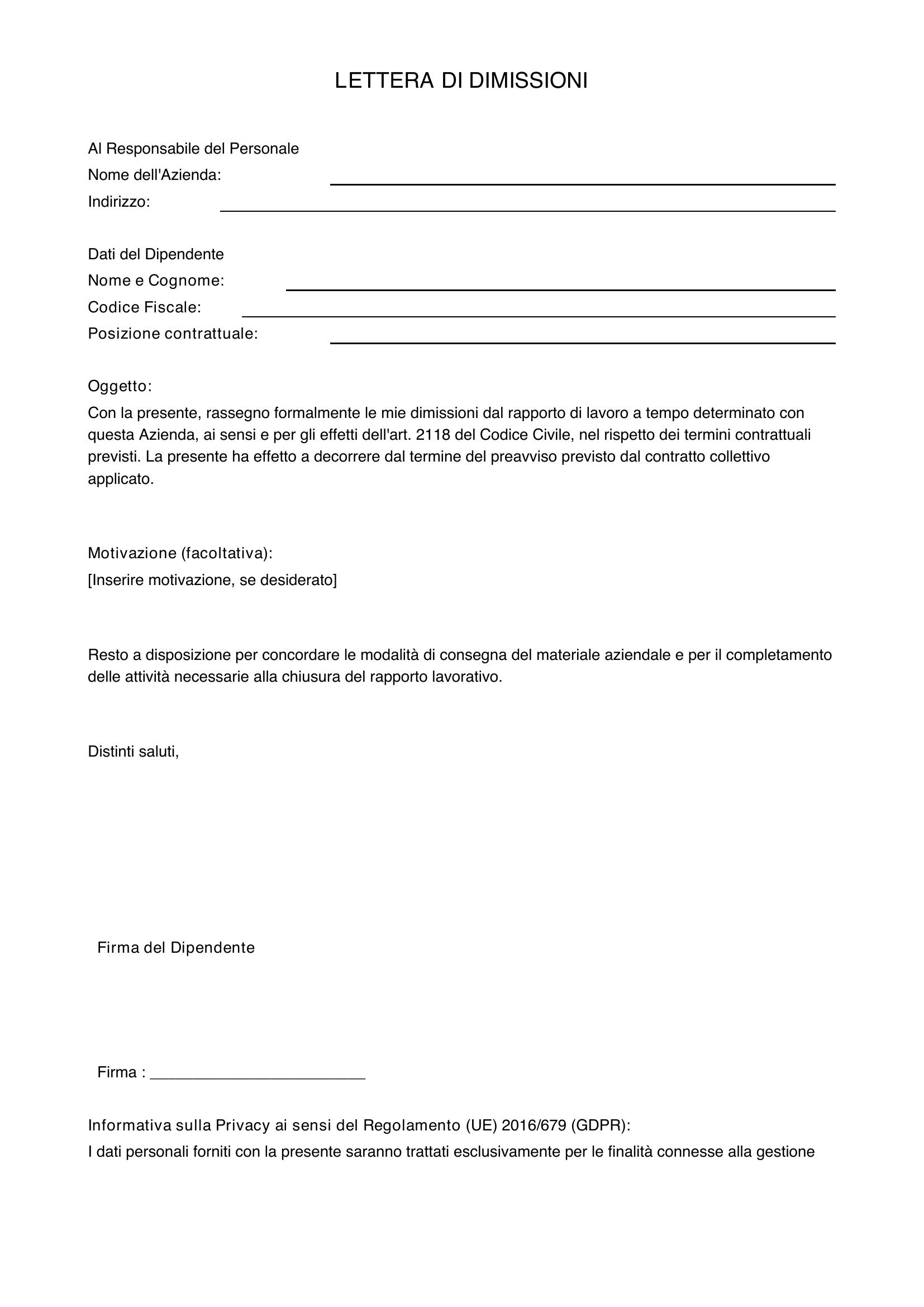 Lettera Di Dimissioni Contratto A Tempo Determinato