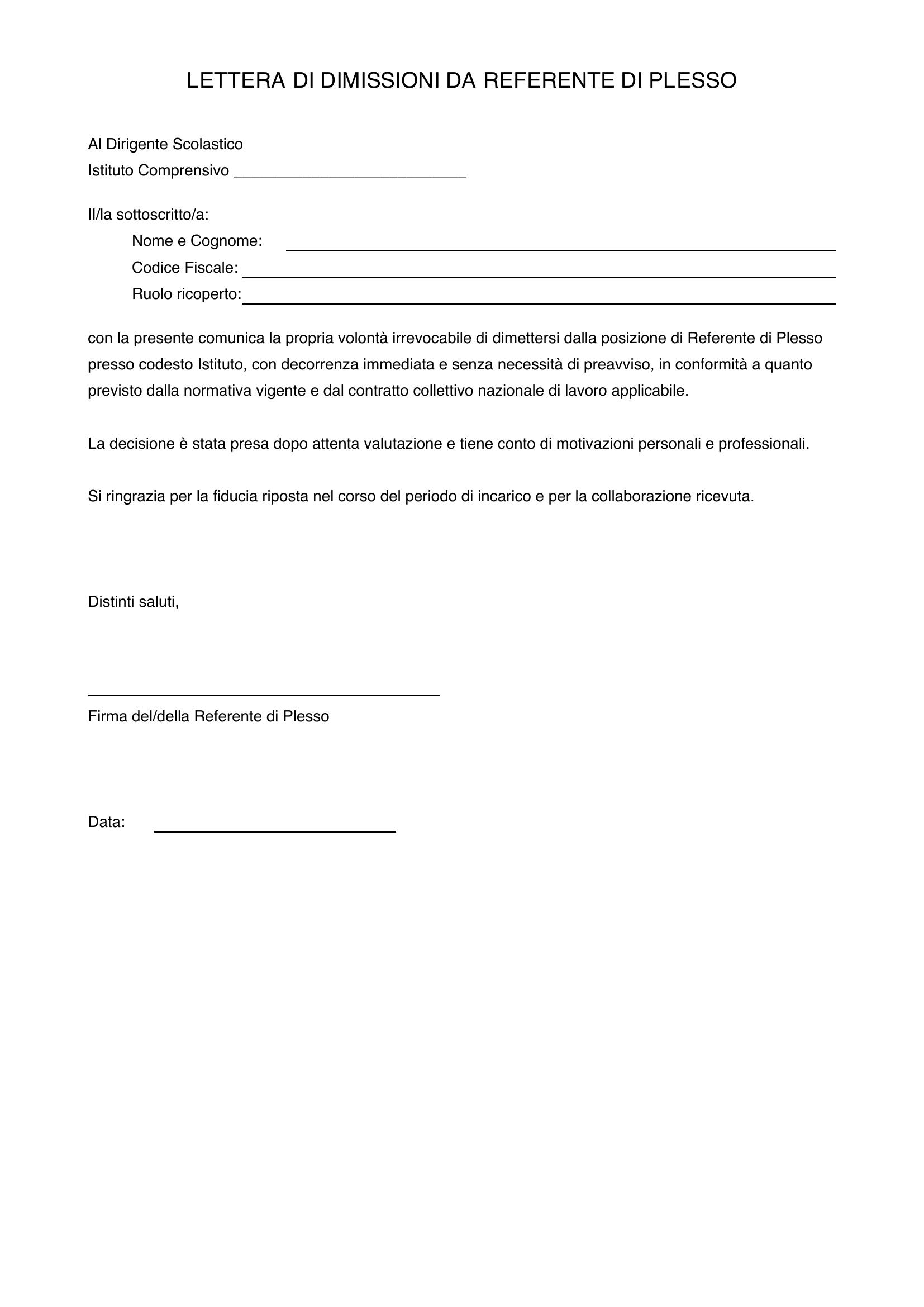 Lettera Di Dimissioni Da Referente Di Plesso