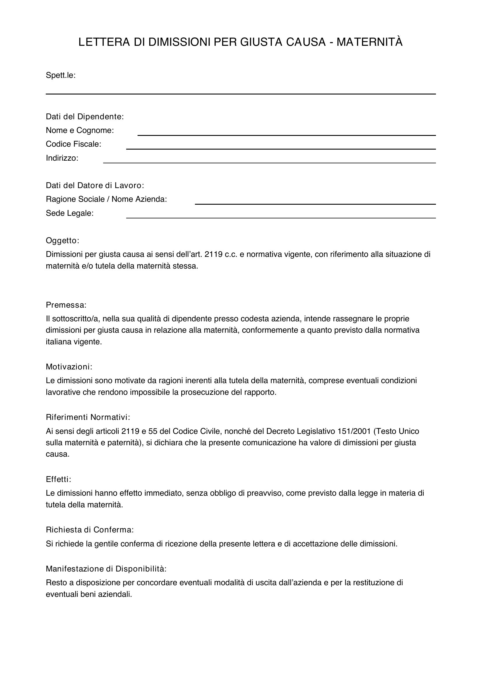 Lettera Di Dimissioni Per Giusta Causa Maternità