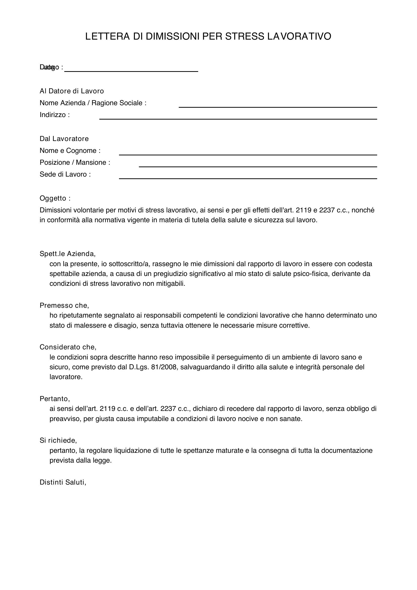 Lettera Di Dimissioni Per Stress