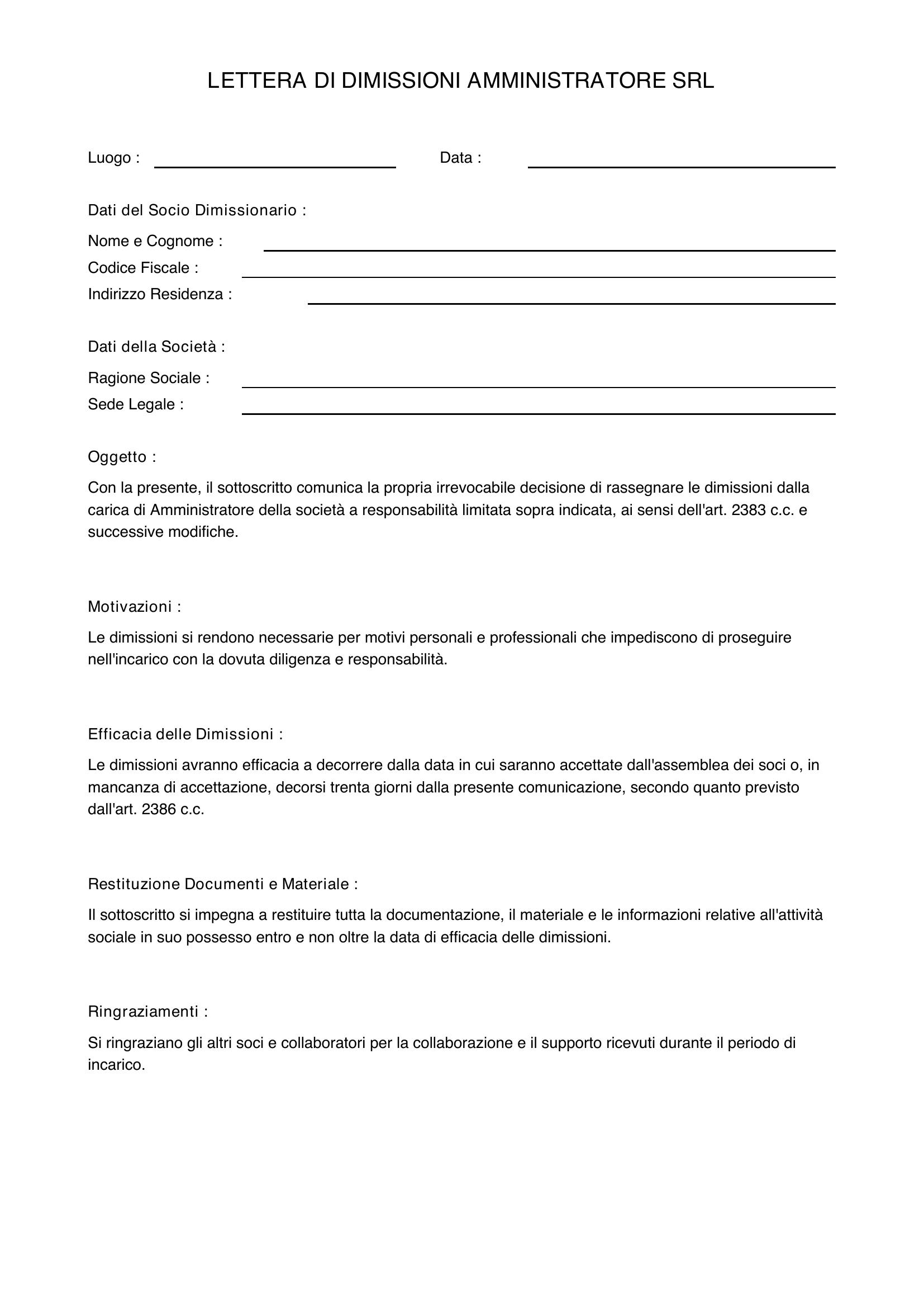 Lettera Dimissioni Amministratore Srl