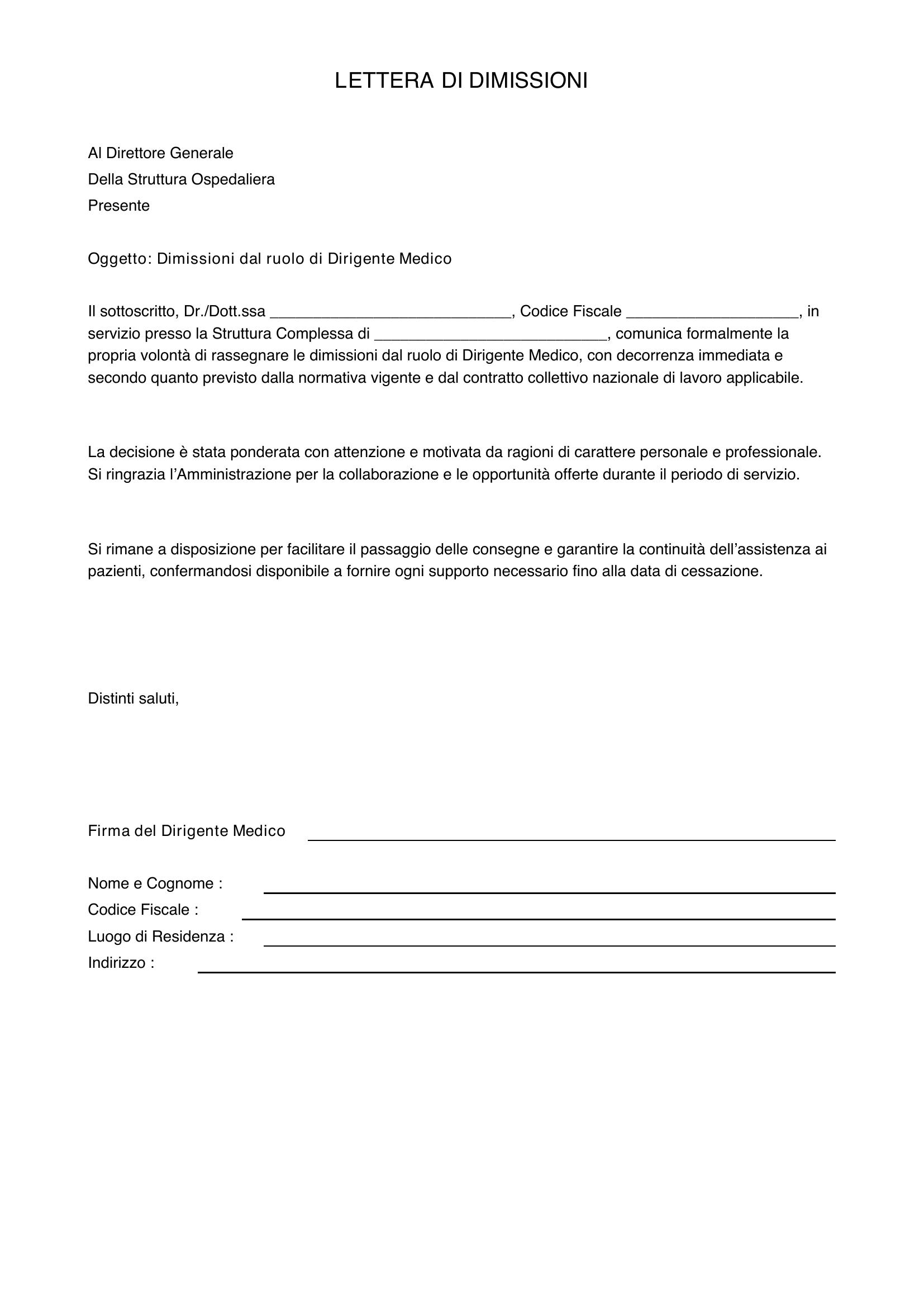 Lettera Dimissioni Dirigente Medico