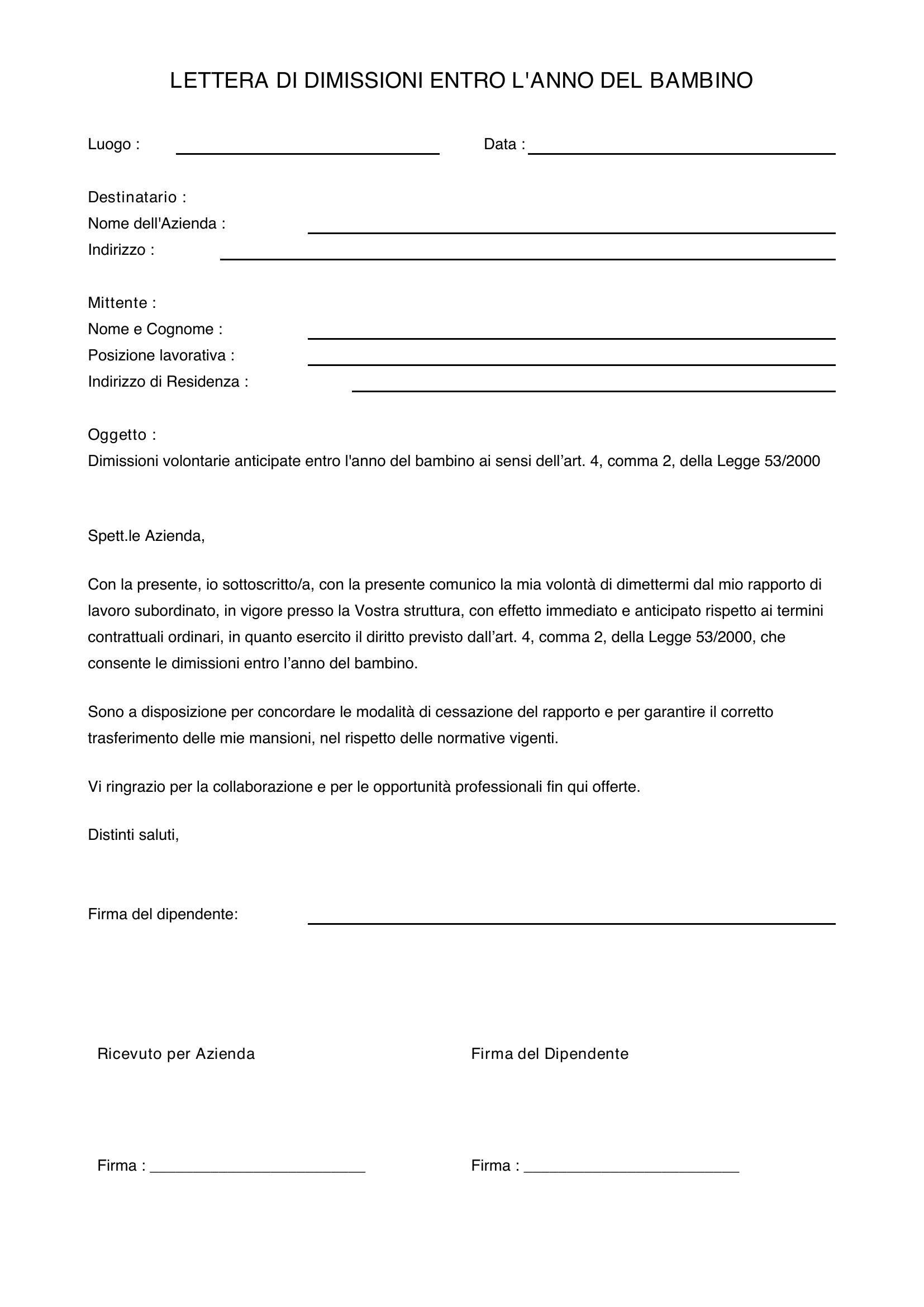 Lettera Dimissioni Entro L'Anno Del Bambino Fac Simile