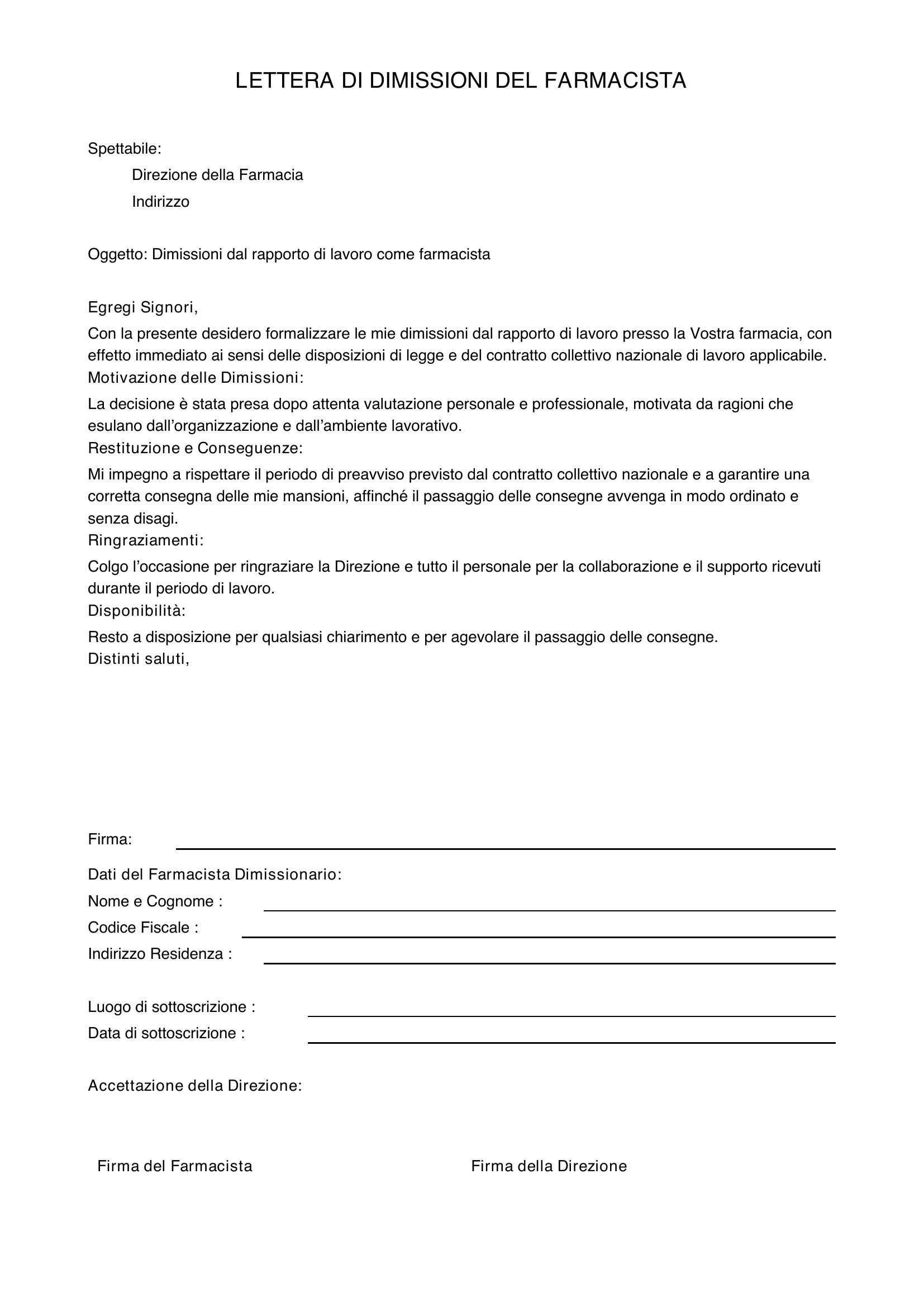 Lettera Dimissioni Farmacista