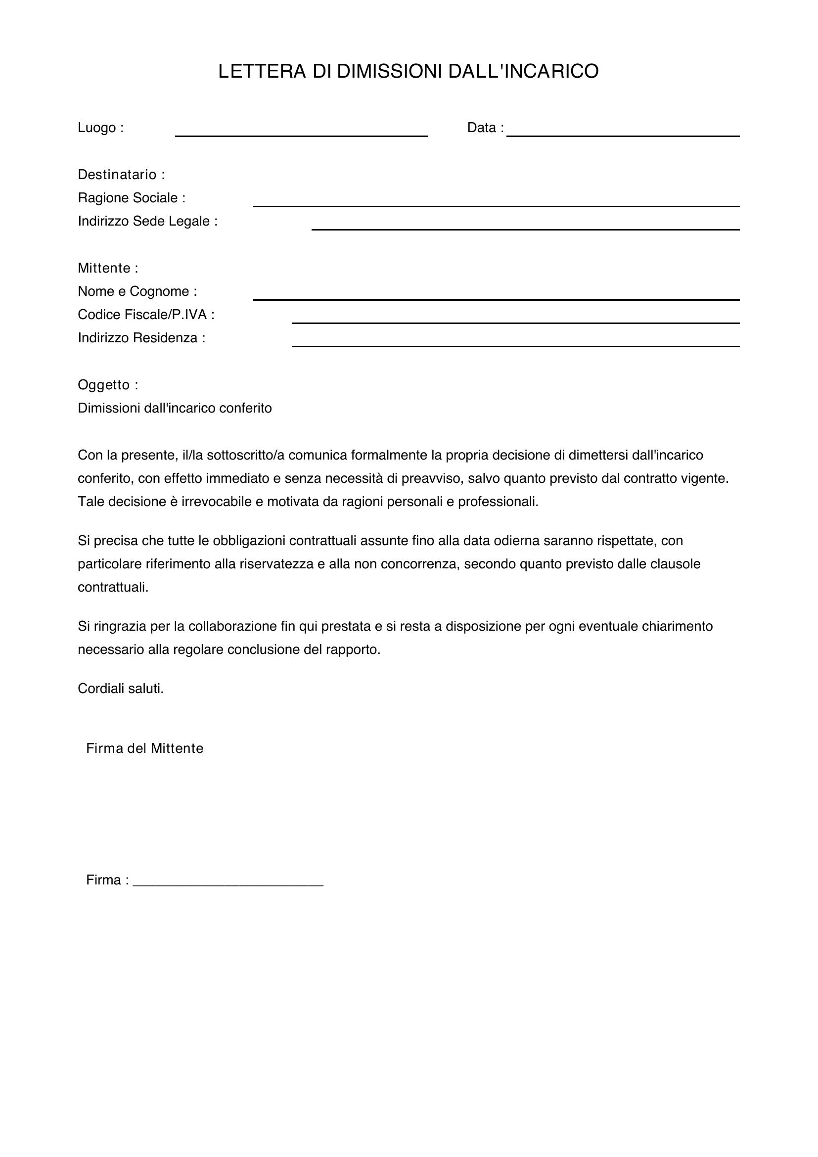 Lettera Dimissioni Incarico