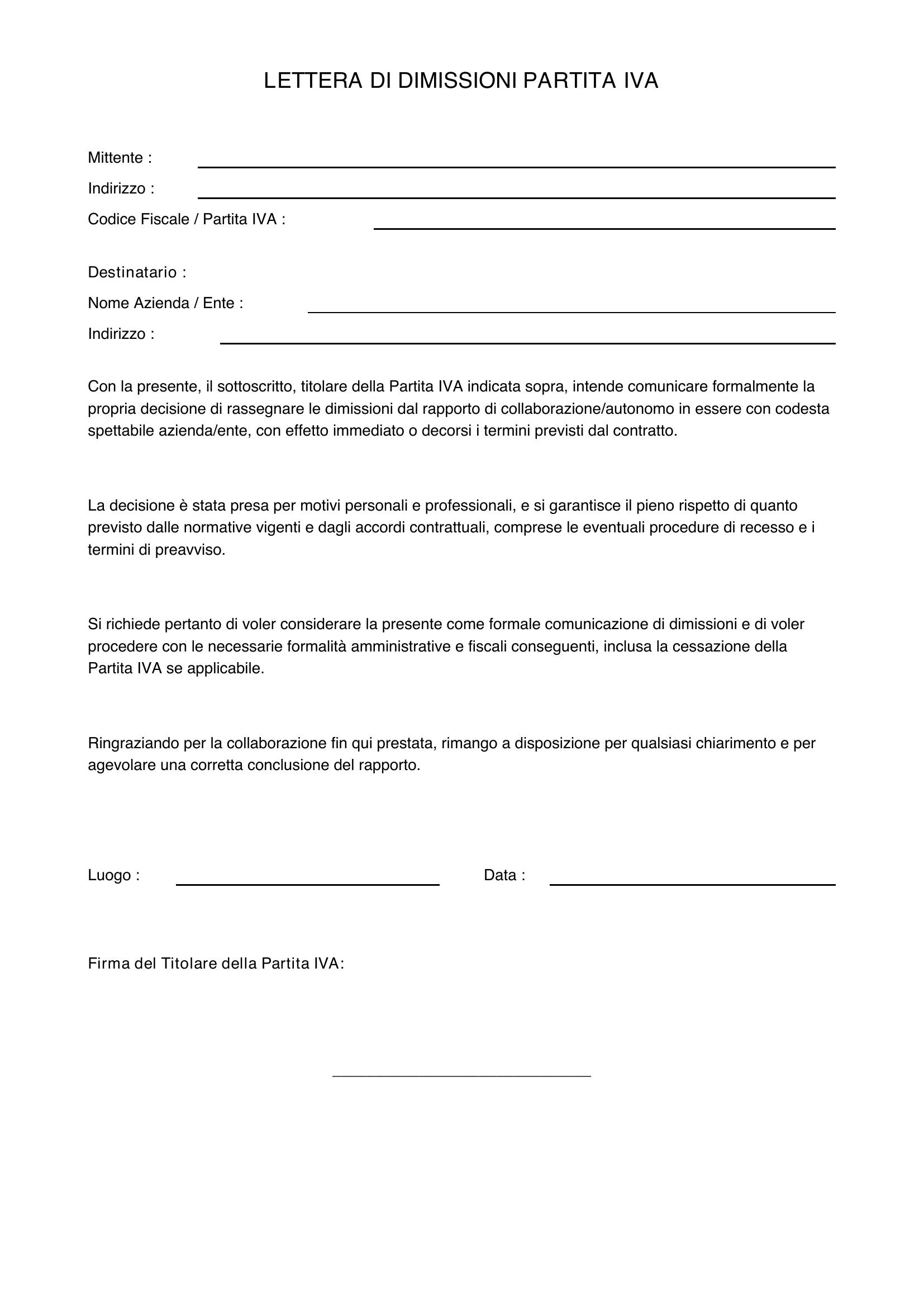 Lettera Dimissioni Partita Iva