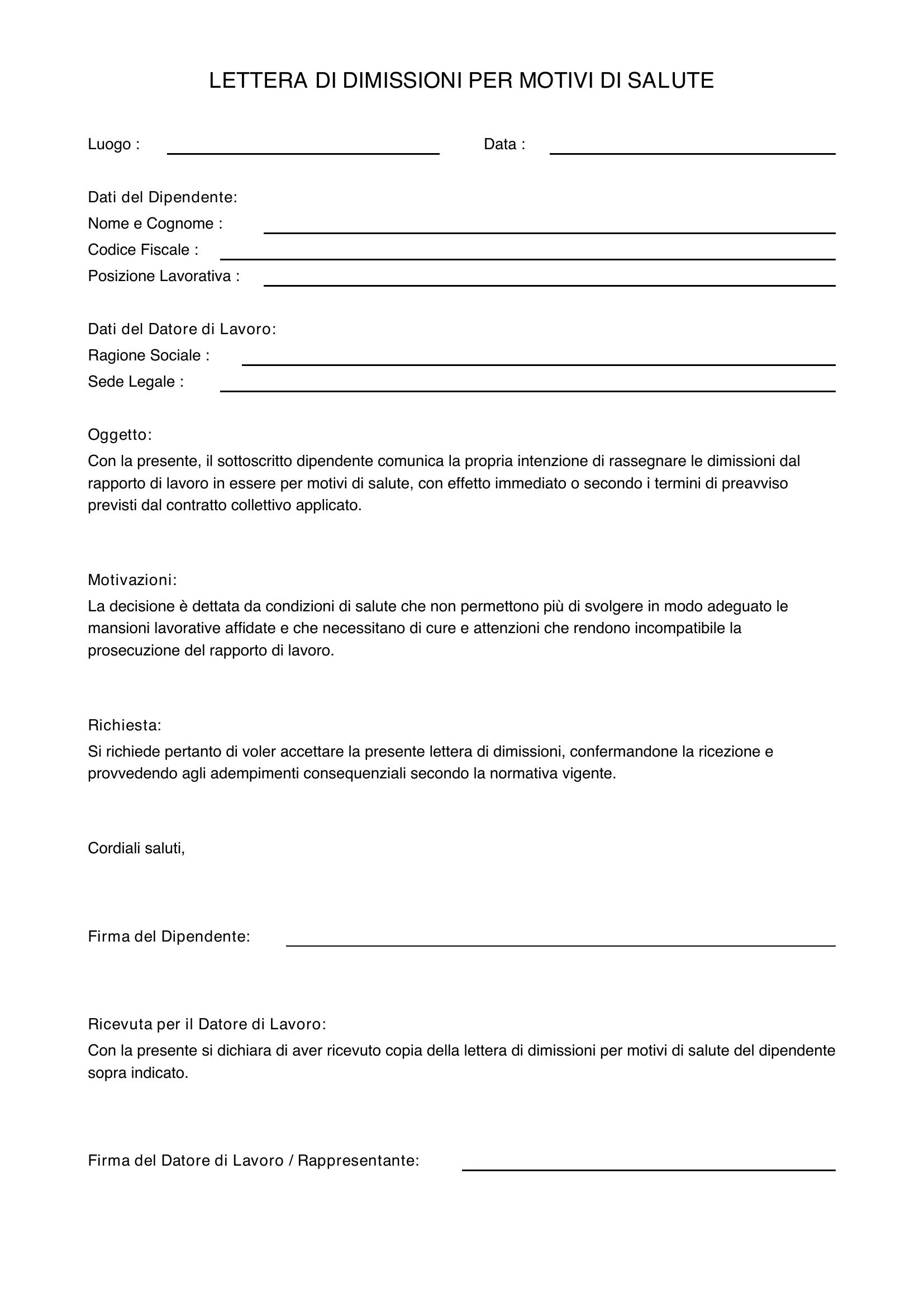 Lettera Dimissioni Per Motivi Di Salute