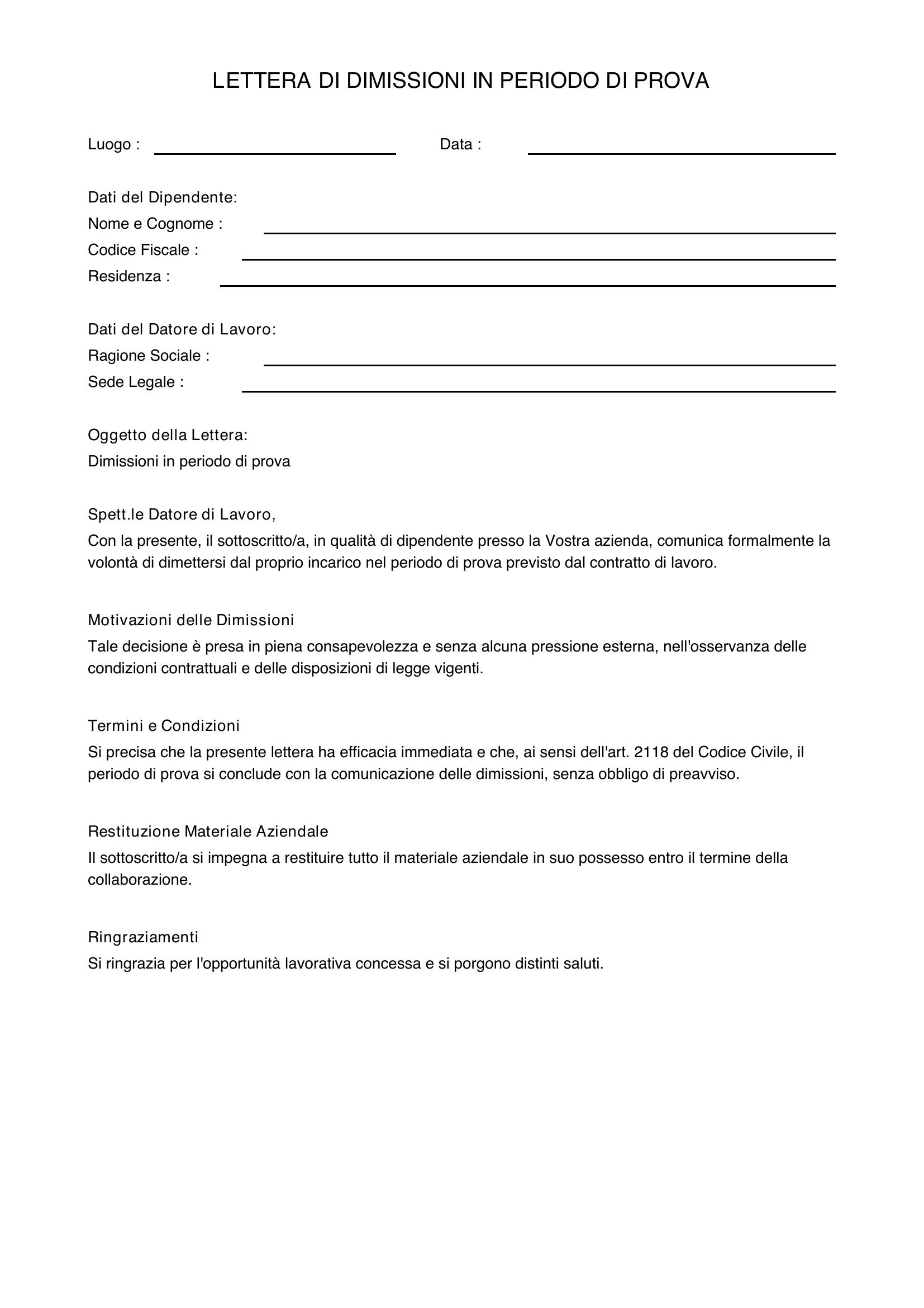 Lettera Dimissioni Periodo Di Prova