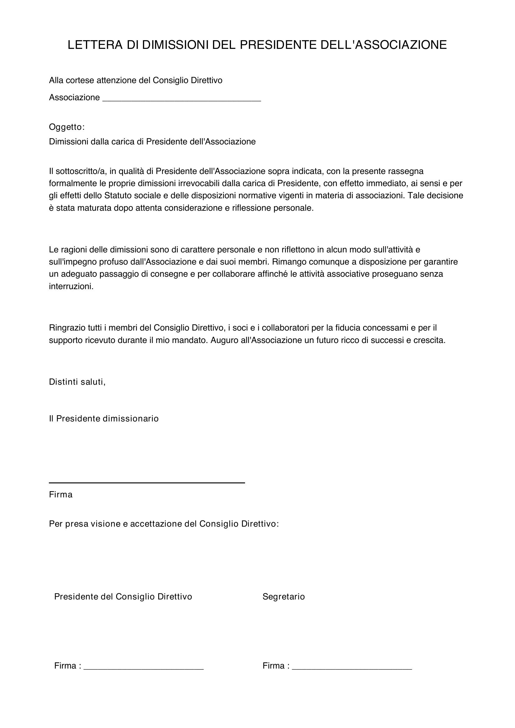 Lettera Dimissioni Presidente Associazione
