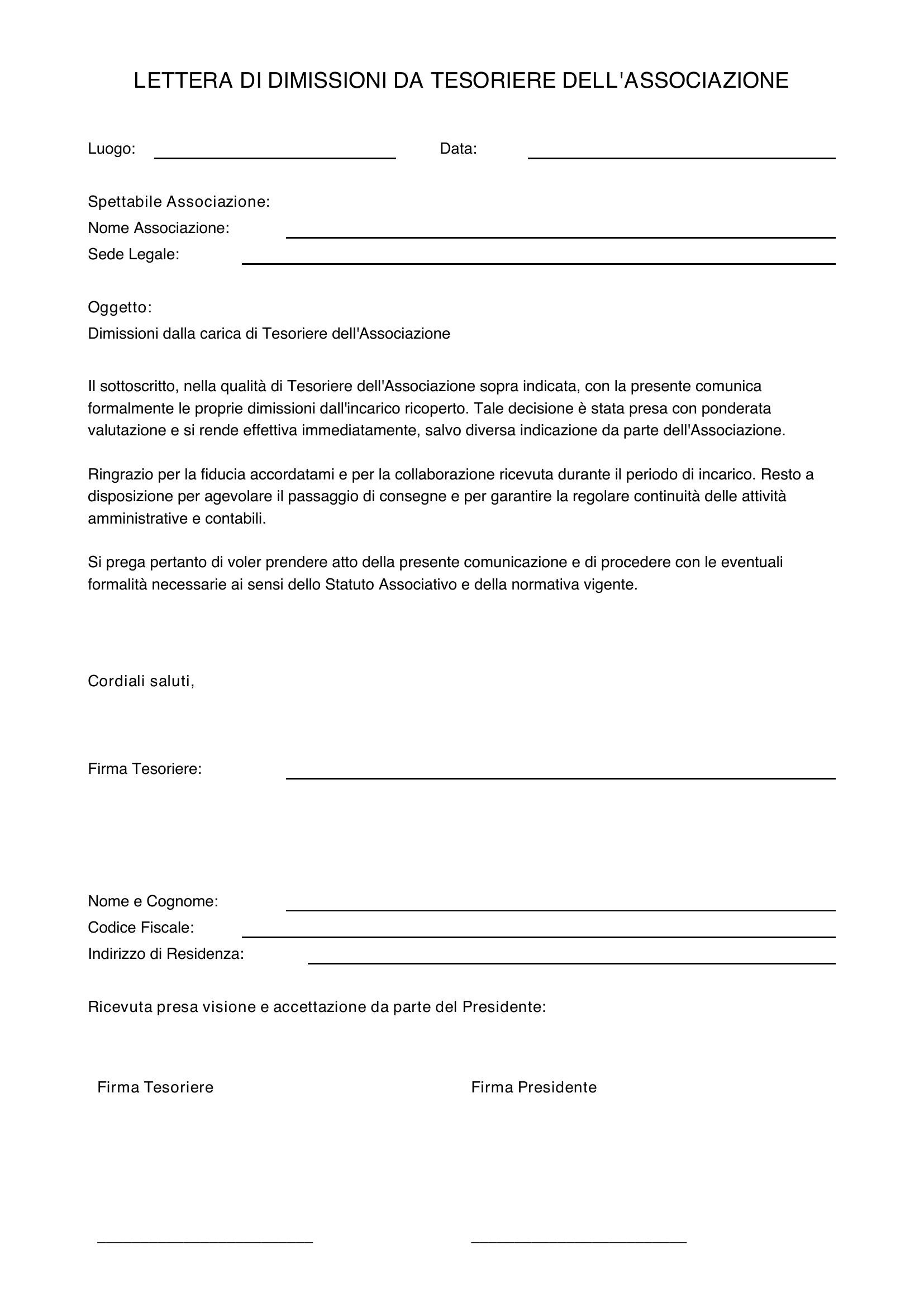 Lettera Dimissioni Tesoriere Associazione