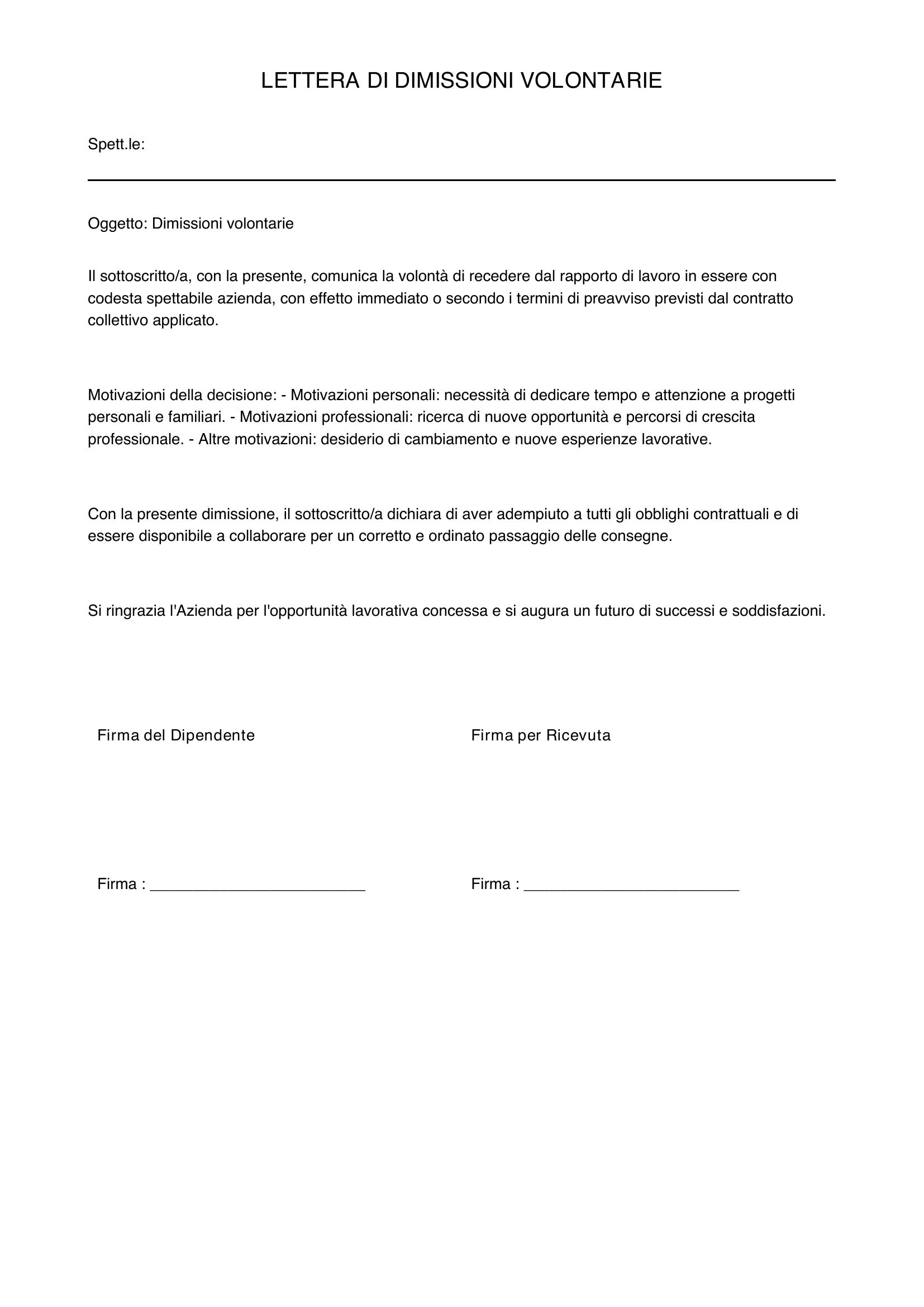 Lettera Dimissioni Volontarie Motivazioni