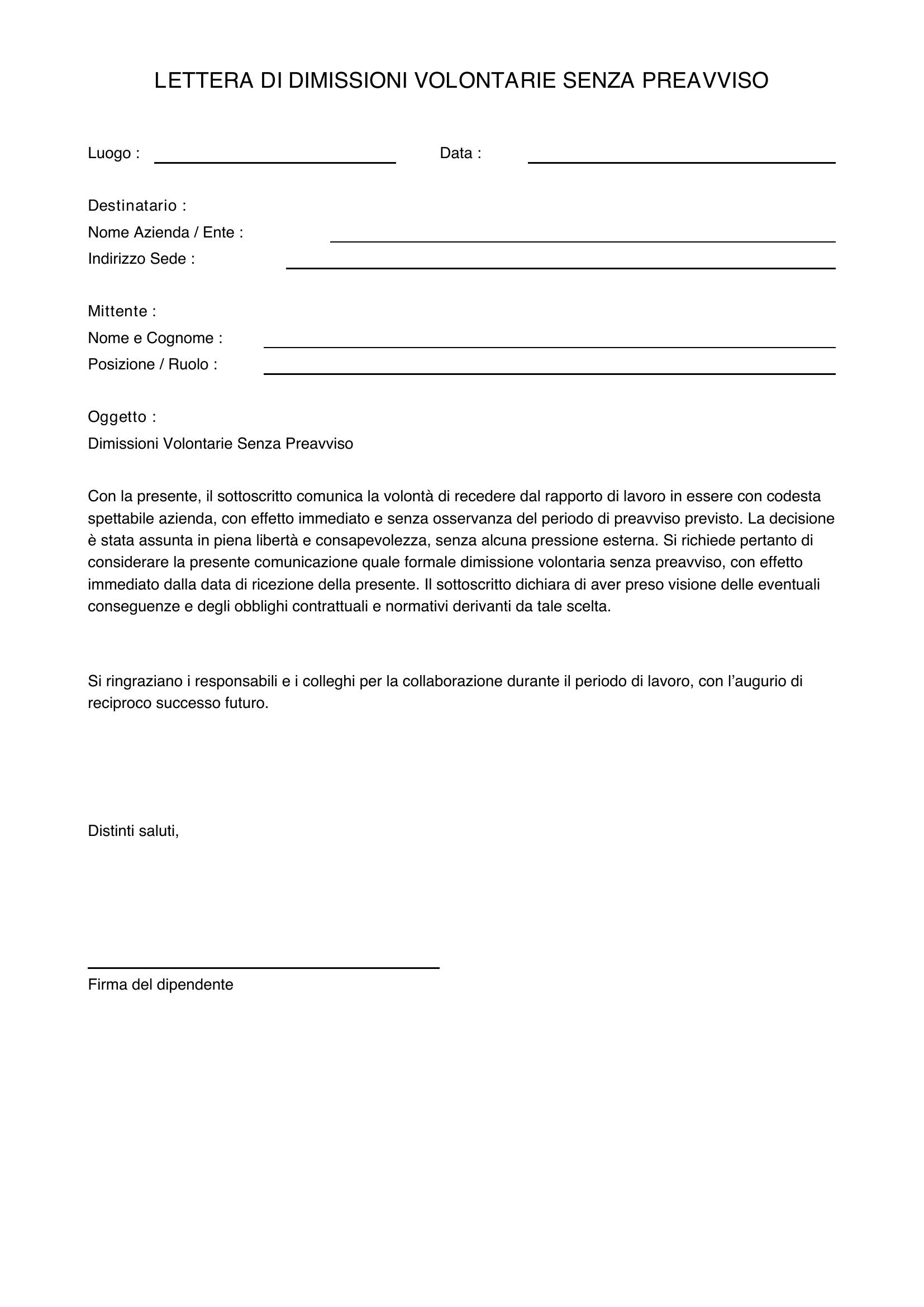 Lettera Dimissioni Volontarie Senza Preavviso