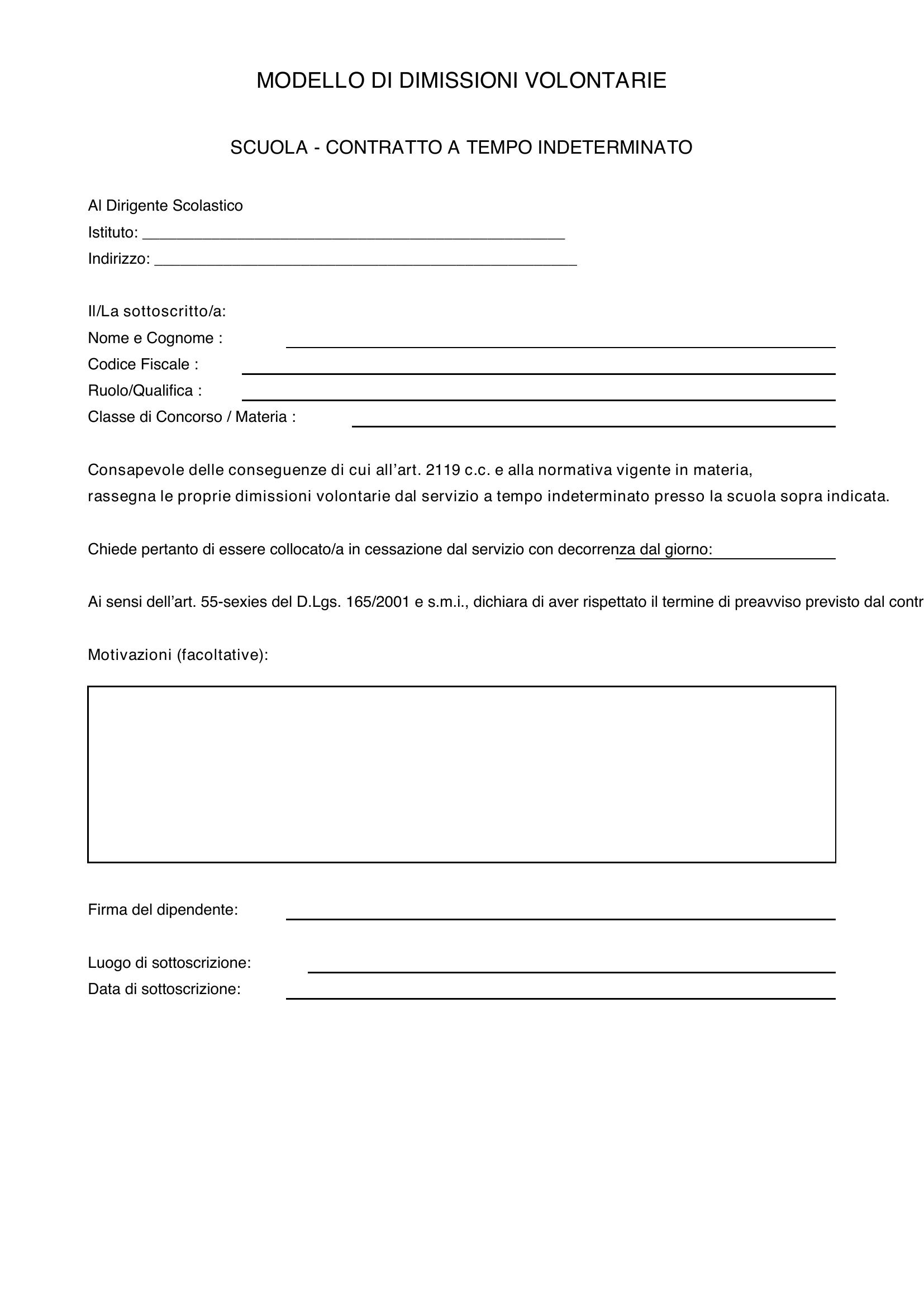 Modello Dimissioni Volontarie Scuola Tempo Indeterminato