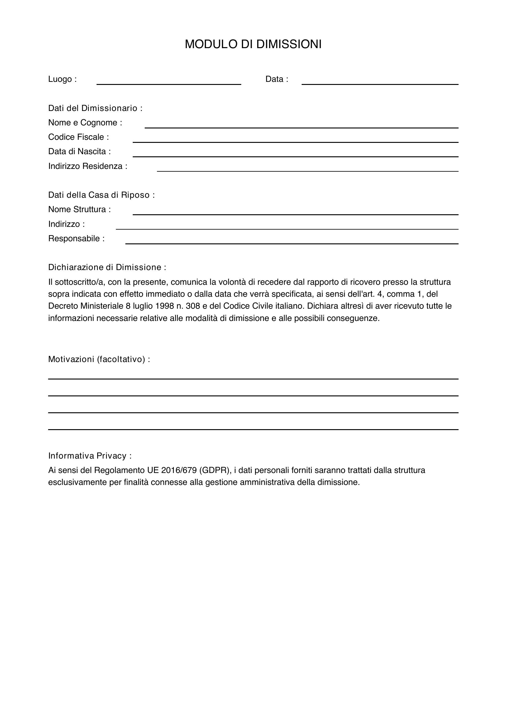Modulo Dimissioni Casa Di Riposo